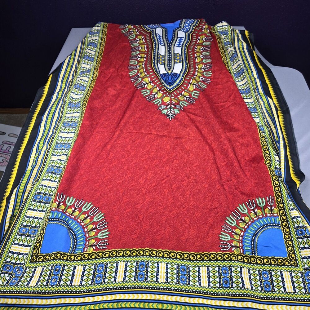African Dashiki Maxi Dress Kaftan Caftan Red Tribal Print Boho Festival One Size - Picture 9 of 13